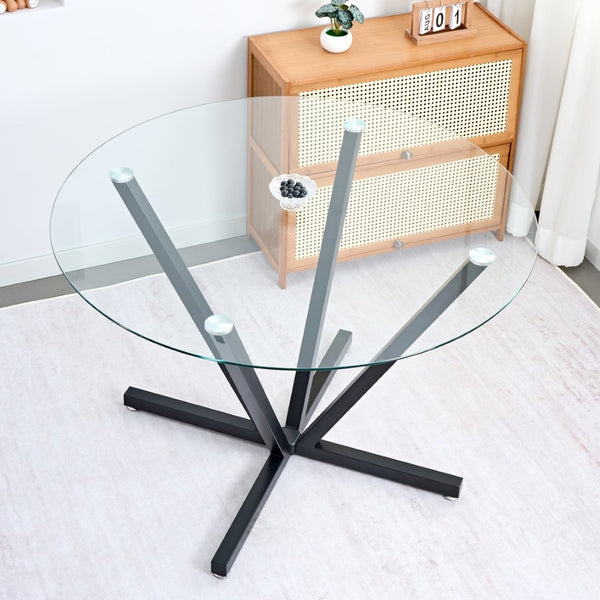 English Elm 45.27Round Glass Dining Table with Radial Black Metal Base Seats 6 for Compact Spaces W241P391283