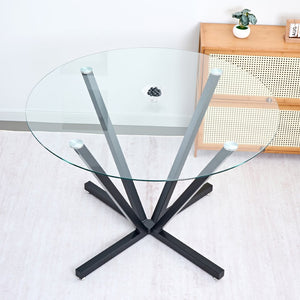 English Elm 45.27Round Glass Dining Table with Radial Black Metal Base Seats 6 for Compact Spaces W241P391283