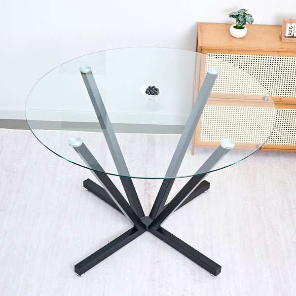 English Elm 45.27Round Glass Dining Table with Radial Black Metal Base Seats 6 for Compact Spaces W241P391283
