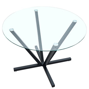 English Elm 45.27Round Glass Dining Table with Radial Black Metal Base Seats 6 for Compact Spaces W241P391283