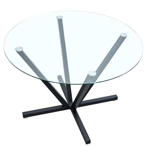 English Elm 45.27Round Glass Dining Table with Radial Black Metal Base Seats 6 for Compact Spaces W241P391283