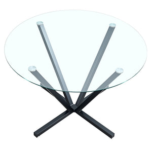 English Elm 45.27Round Glass Dining Table with Radial Black Metal Base Seats 6 for Compact Spaces W241P391283