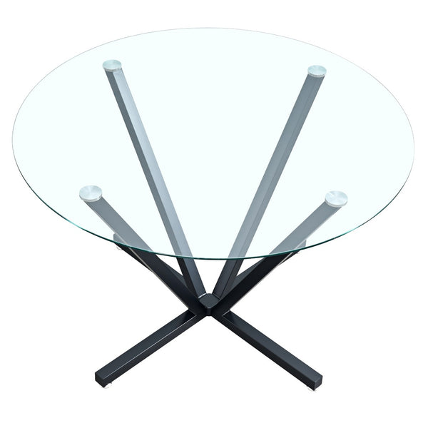 English Elm 45.27Round Glass Dining Table with Radial Black Metal Base Seats 6 for Compact Spaces W241P391283