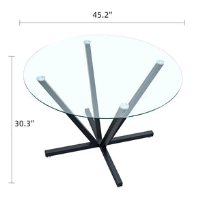 English Elm 45.27Round Glass Dining Table with Radial Black Metal Base Seats 6 for Compact Spaces W241P391283