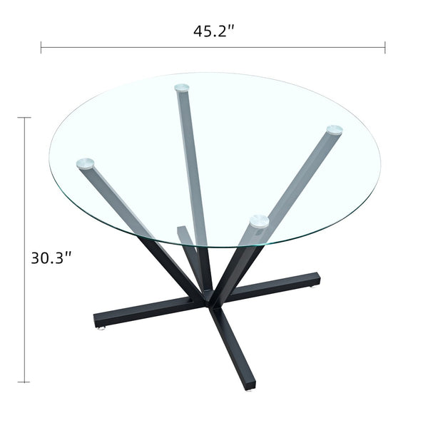 English Elm 45.27Round Glass Dining Table with Radial Black Metal Base Seats 6 for Compact Spaces W241P391283