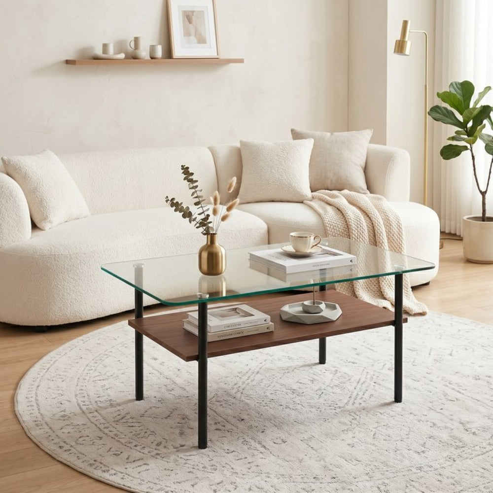 English Elm Modern Two-Tier Glass Top Coffee Table with Metal Legs and MDF Shelf for Living Rooms Black W241P486691