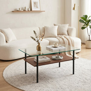 English Elm Modern Two-Tier Glass Top Coffee Table with Metal Legs and MDF Shelf for Living Rooms Black W241P486691