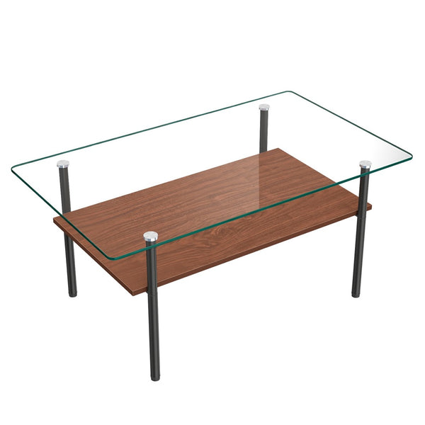 English Elm Modern Two-Tier Glass Top Coffee Table with Metal Legs and MDF Shelf for Living Rooms Black W241P486691