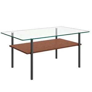 English Elm Modern Two-Tier Glass Top Coffee Table with Metal Legs and MDF Shelf for Living Rooms Black W241P486691