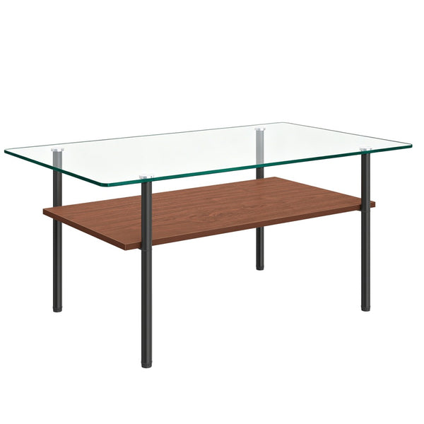 English Elm Modern Two-Tier Glass Top Coffee Table with Metal Legs and MDF Shelf for Living Rooms Black W241P486691