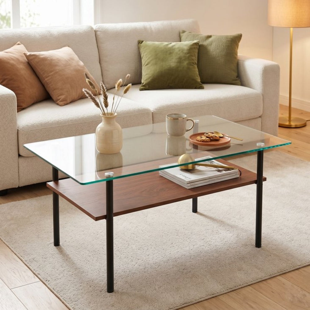 English Elm Modern Two-Tier Glass Top Coffee Table with Metal Legs and MDF Shelf for Living Rooms Black W241P486691
