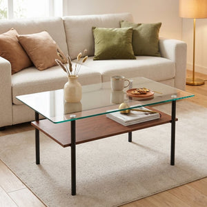 English Elm Modern Two-Tier Glass Top Coffee Table with Metal Legs and MDF Shelf for Living Rooms Black W241P486691