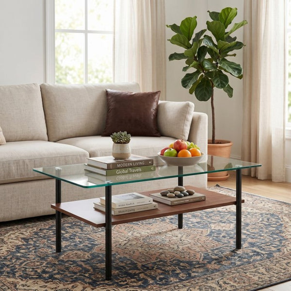 English Elm Modern Two-Tier Glass Top Coffee Table with Metal Legs and MDF Shelf for Living Rooms Black W241P486691
