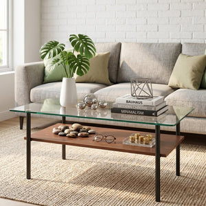 English Elm Modern Two-Tier Glass Top Coffee Table with Metal Legs and MDF Shelf for Living Rooms Black W241P486691