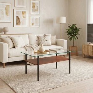 English Elm Modern Two-Tier Glass Top Coffee Table with Metal Legs and MDF Shelf for Living Rooms Black W241P486691