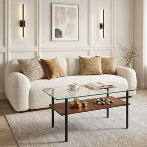 English Elm Modern Two-Tier Glass Top Coffee Table with Metal Legs and MDF Shelf for Living Rooms Black W241P486691