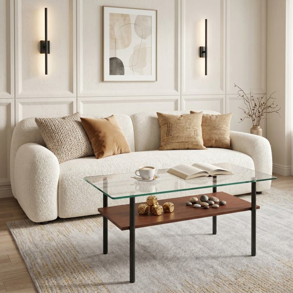 English Elm Modern Two-Tier Glass Top Coffee Table with Metal Legs and MDF Shelf for Living Rooms Black W241P486691