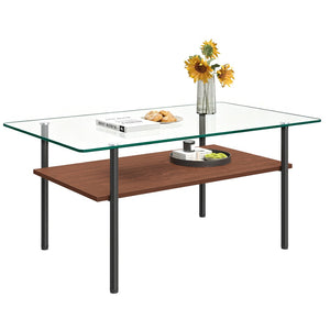 English Elm Modern Two-Tier Glass Top Coffee Table with Metal Legs and MDF Shelf for Living Rooms Black W241P486691