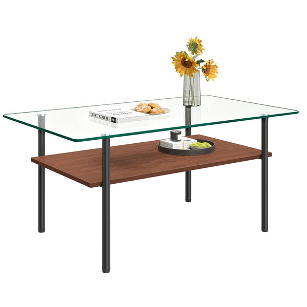 English Elm Modern Two-Tier Glass Top Coffee Table with Metal Legs and MDF Shelf for Living Rooms Black W241P486691