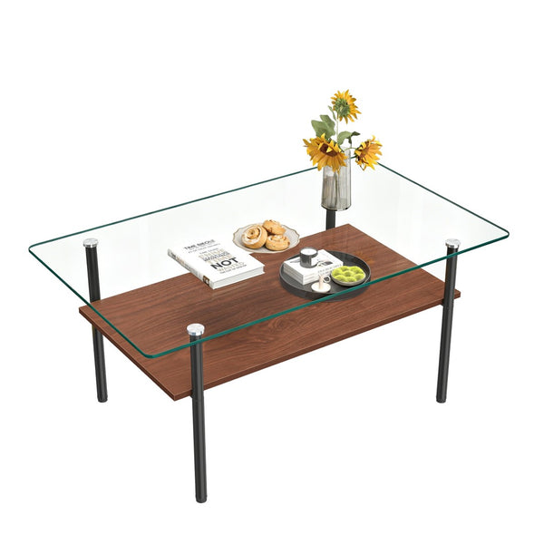 English Elm Modern Two-Tier Glass Top Coffee Table with Metal Legs and MDF Shelf for Living Rooms Black W241P486691