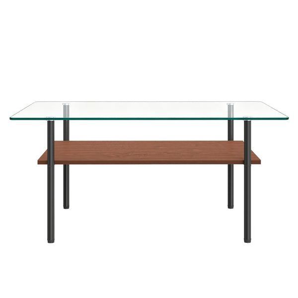English Elm Modern Two-Tier Glass Top Coffee Table with Metal Legs and MDF Shelf for Living Rooms Black W241P486691