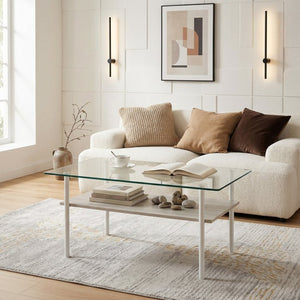 English Elm Modern Two-Tier Glass Top Coffee Table with Metal Legs and MDF Shelf for Living Rooms White W241P486695