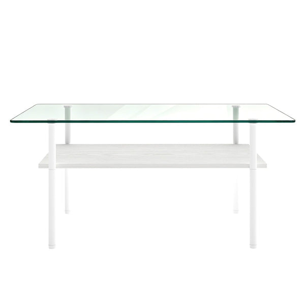 English Elm Modern Two-Tier Glass Top Coffee Table with Metal Legs and MDF Shelf for Living Rooms White W241P486695