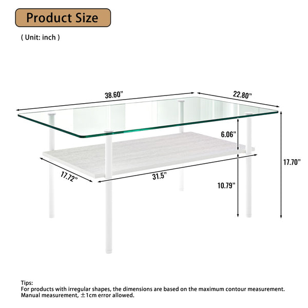 English Elm Modern Two-Tier Glass Top Coffee Table with Metal Legs and MDF Shelf for Living Rooms White W241P486695