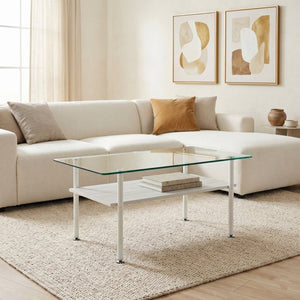 English Elm Modern Two-Tier Glass Top Coffee Table with Metal Legs and MDF Shelf for Living Rooms White W241P486695