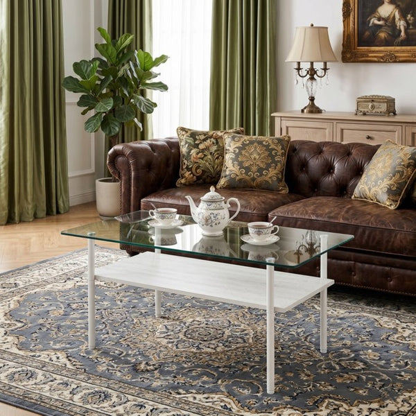 English Elm Modern Two-Tier Glass Top Coffee Table with Metal Legs and MDF Shelf for Living Rooms White W241P486695