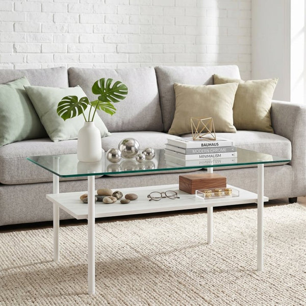 English Elm Modern Two-Tier Glass Top Coffee Table with Metal Legs and MDF Shelf for Living Rooms White W241P486695