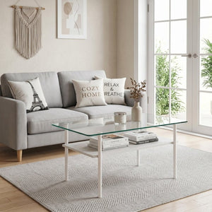 English Elm Modern Two-Tier Glass Top Coffee Table with Metal Legs and MDF Shelf for Living Rooms White W241P486695