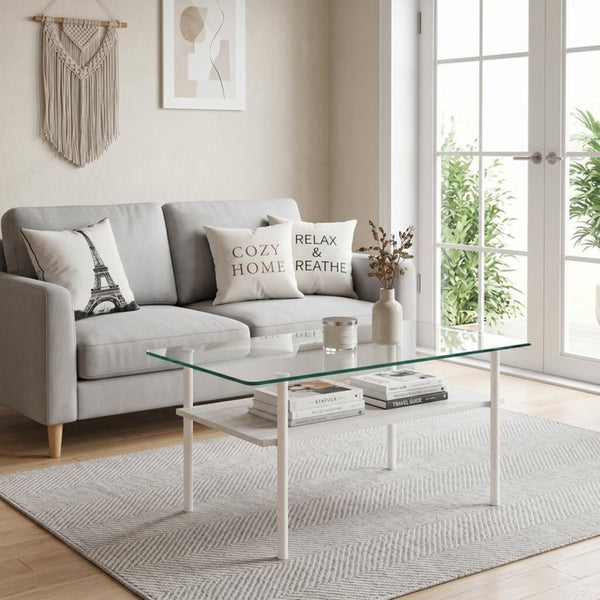 English Elm Modern Two-Tier Glass Top Coffee Table with Metal Legs and MDF Shelf for Living Rooms White W241P486695