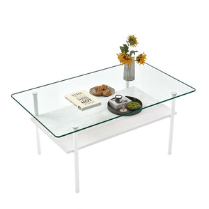 English Elm Modern Two-Tier Glass Top Coffee Table with Metal Legs and MDF Shelf for Living Rooms White W241P486695