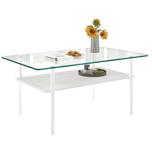English Elm Modern Two-Tier Glass Top Coffee Table with Metal Legs and MDF Shelf for Living Rooms White W241P486695