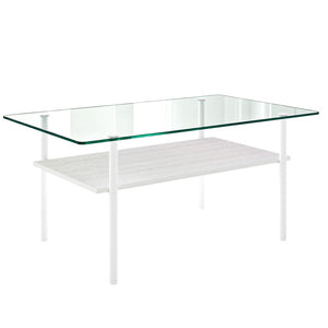 English Elm Modern Two-Tier Glass Top Coffee Table with Metal Legs and MDF Shelf for Living Rooms White W241P486695