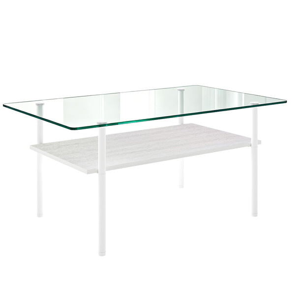 English Elm Modern Two-Tier Glass Top Coffee Table with Metal Legs and MDF Shelf for Living Rooms White W241P486695