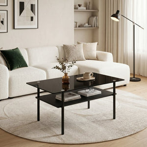 English Elm Modern Two-Tier Tempered Glass Coffee Table with Metal Legs and MDF Shelf Black W241P486696