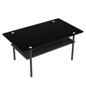 English Elm Modern Two-Tier Tempered Glass Coffee Table with Metal Legs and MDF Shelf Black W241P486696