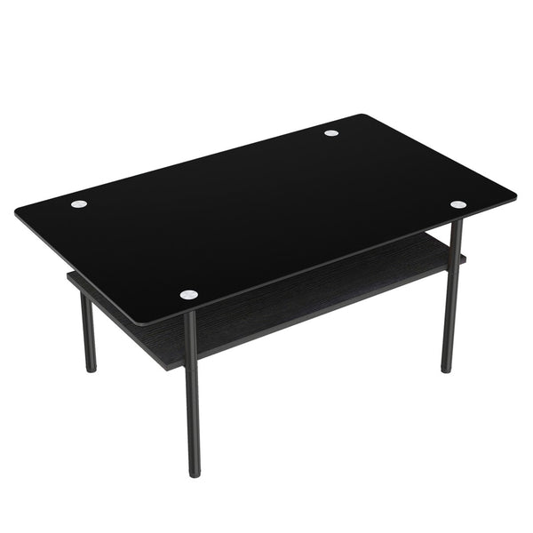 English Elm Modern Two-Tier Tempered Glass Coffee Table with Metal Legs and MDF Shelf Black W241P486696