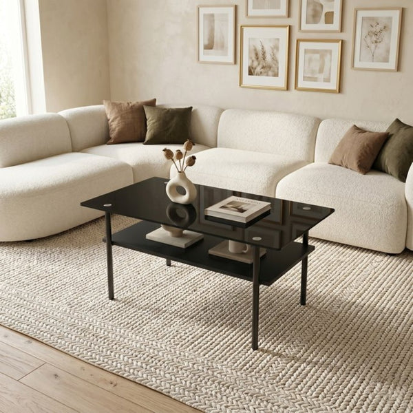 English Elm Modern Two-Tier Tempered Glass Coffee Table with Metal Legs and MDF Shelf Black W241P486696