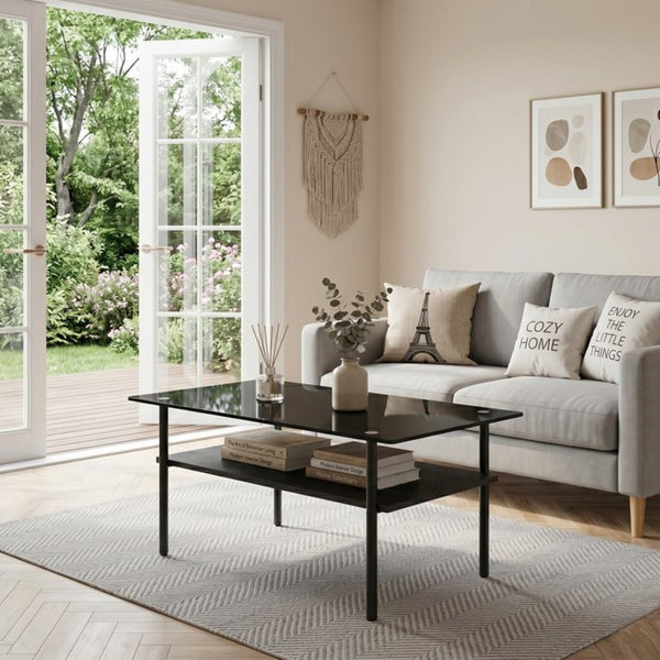 English Elm Modern Two-Tier Tempered Glass Coffee Table with Metal Legs and MDF Shelf Black W241P486696