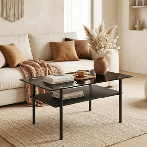 English Elm Modern Two-Tier Tempered Glass Coffee Table with Metal Legs and MDF Shelf Black W241P486696