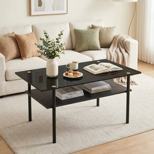 English Elm Modern Two-Tier Tempered Glass Coffee Table with Metal Legs and MDF Shelf Black W241P486696