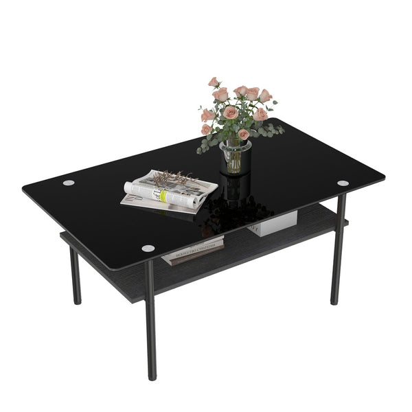English Elm Modern Two-Tier Tempered Glass Coffee Table with Metal Legs and MDF Shelf Black W241P486696