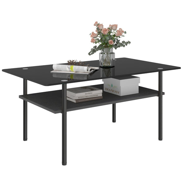 English Elm Modern Two-Tier Tempered Glass Coffee Table with Metal Legs and MDF Shelf Black W241P486696