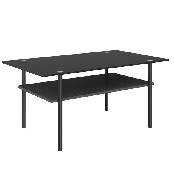 English Elm Modern Two-Tier Tempered Glass Coffee Table with Metal Legs and MDF Shelf Black W241P486696