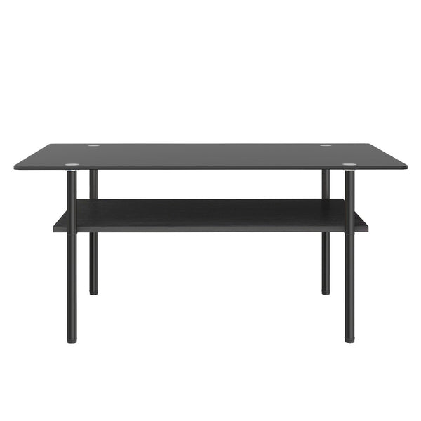 English Elm Modern Two-Tier Tempered Glass Coffee Table with Metal Legs and MDF Shelf Black W241P486696