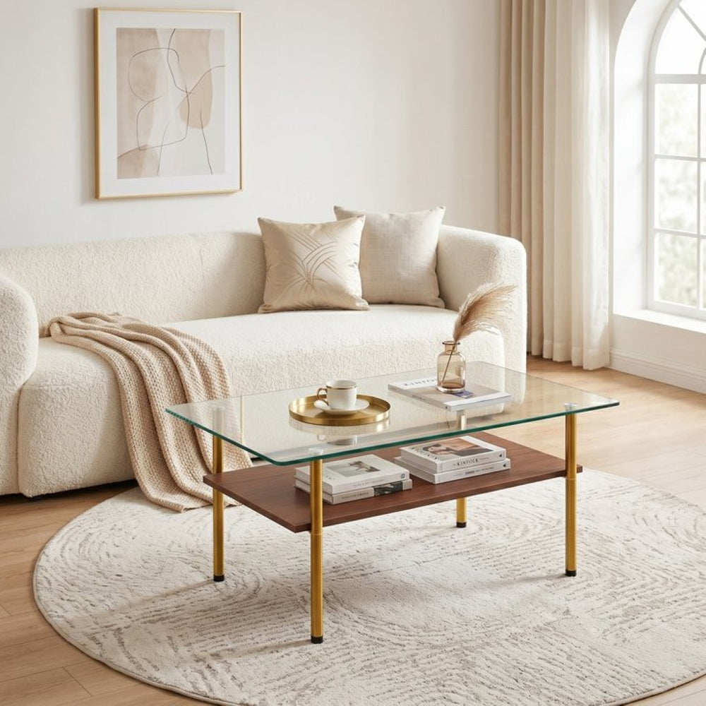 English Elm Modern Two-Tier Tempered Glass Coffee Table with Metal Legs and MDF Shelf Gold W241P486697