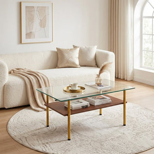 English Elm Modern Two-Tier Tempered Glass Coffee Table with Metal Legs and MDF Shelf Gold W241P486697